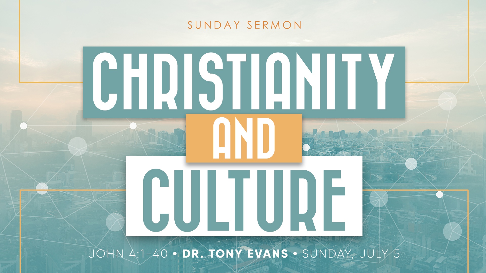 Particles overlaying city skyline with text Christianity and Culture by Dr. Tony Evans