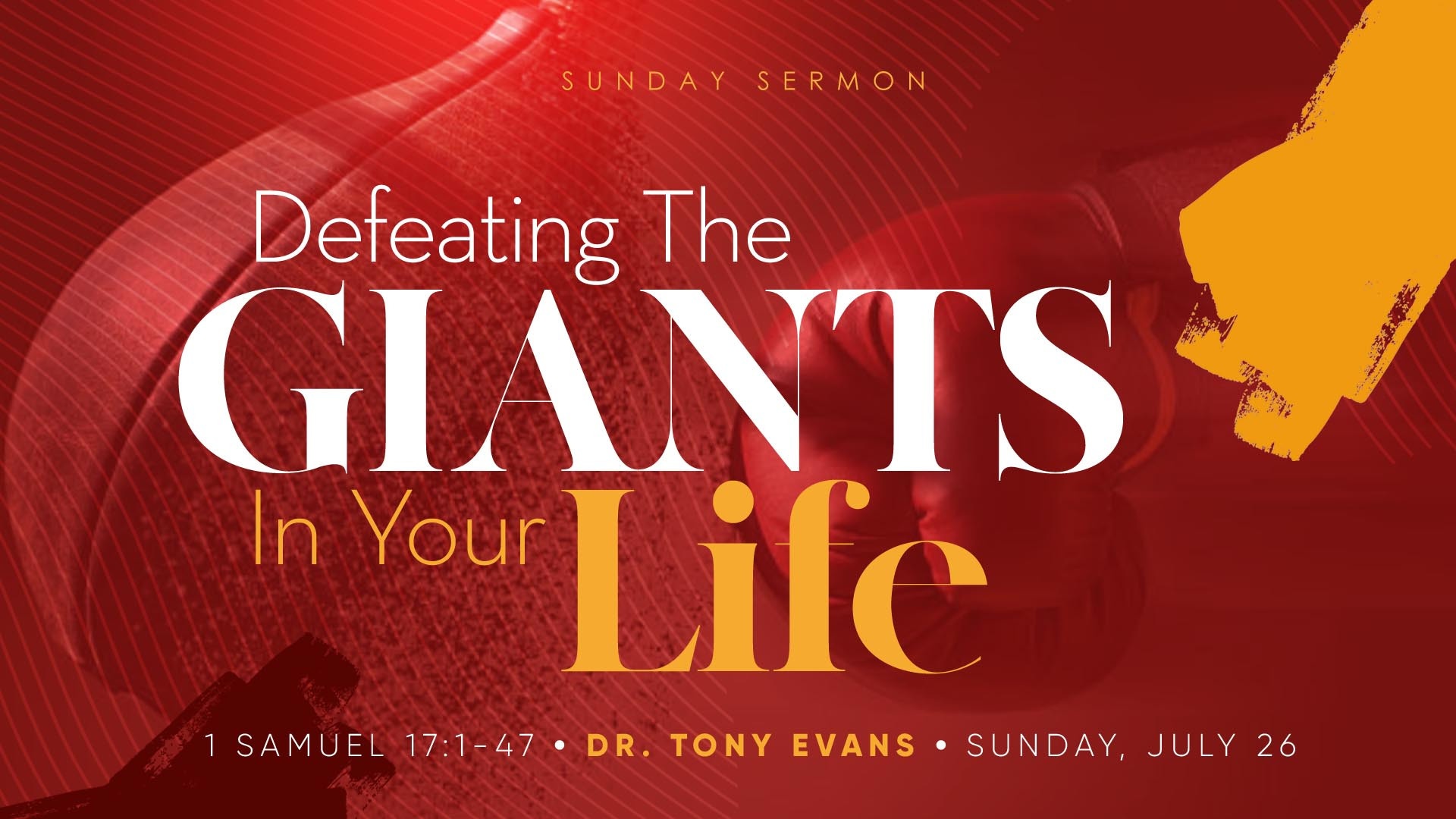 Boxing glove hitting a speed ball punching bag with text Defeating the Giants in Your Life by Dr Tony Evans