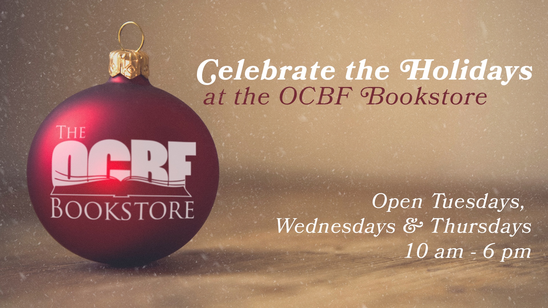 Red ornament with OCBF Bookstore logo and open hours